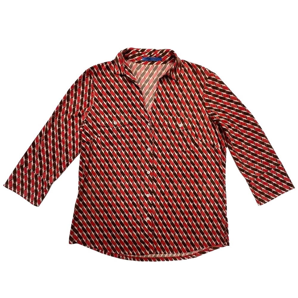 J. McLaughlin Button Down Geometric 3/4 Sleeve Coral Brown Collared Shirt Size M